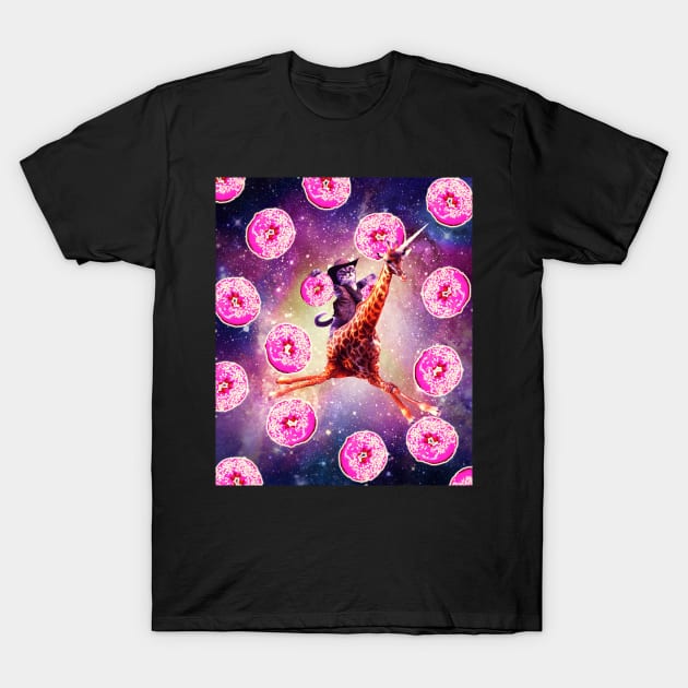 Cowboy Space Cat On Giraffe Unicorn - Donut T-Shirt by Random Galaxy